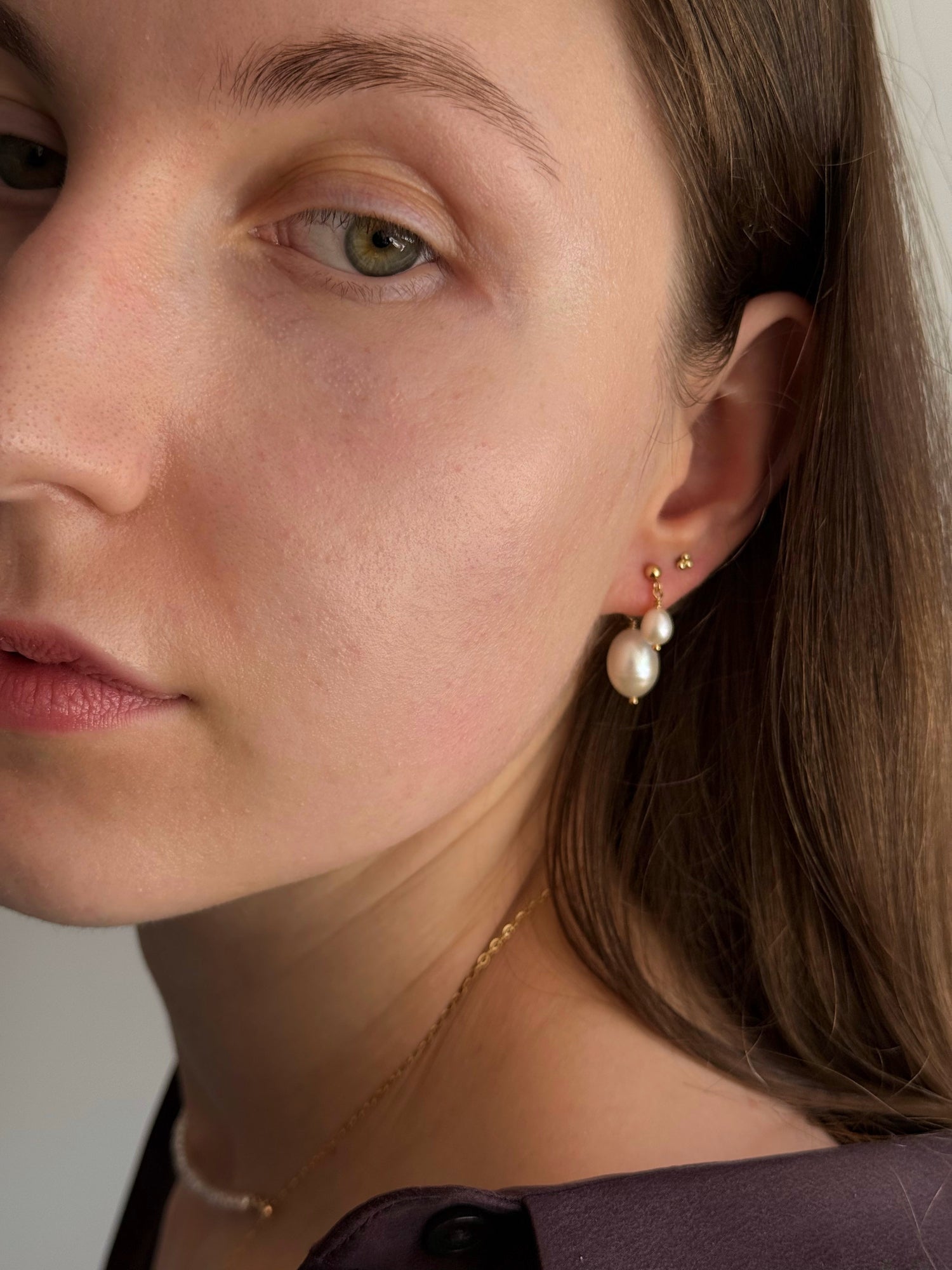 Two-part gold-filled pearl earrings with front and back pearls