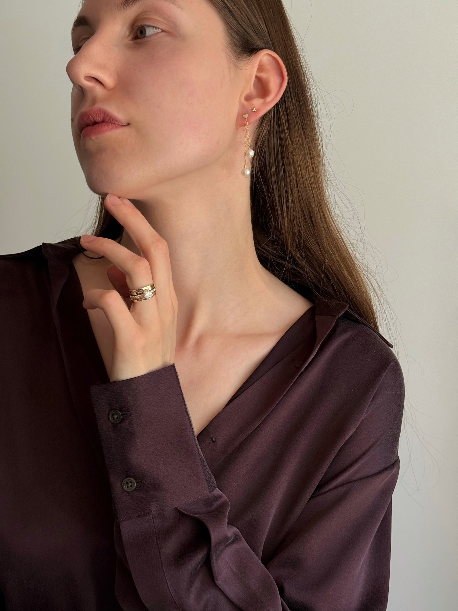 Small gold heart stud with two pearl drops on delicate chain