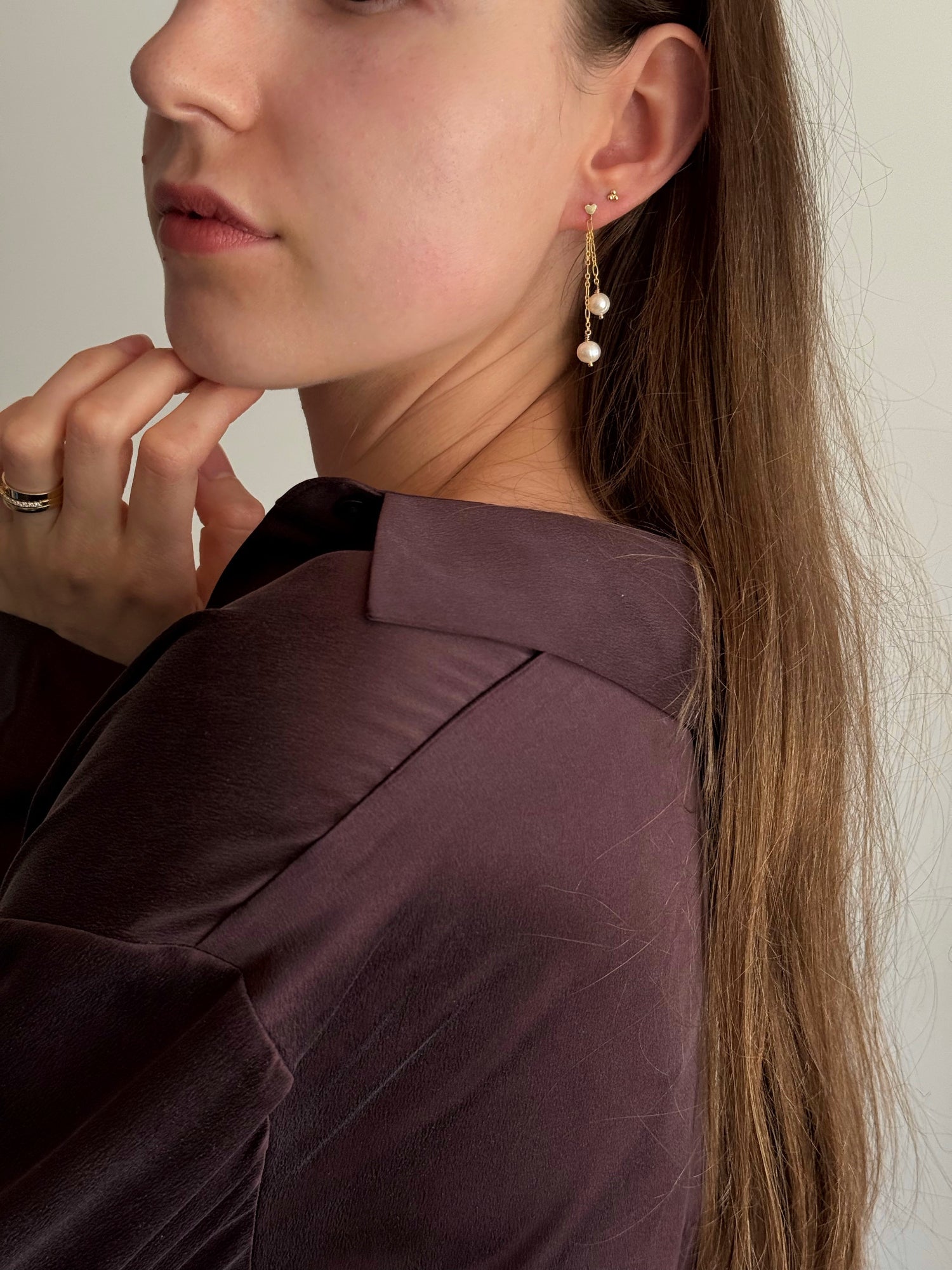 Handmade 14k gold-filled heart and pearl earrings by Moore Jewellery