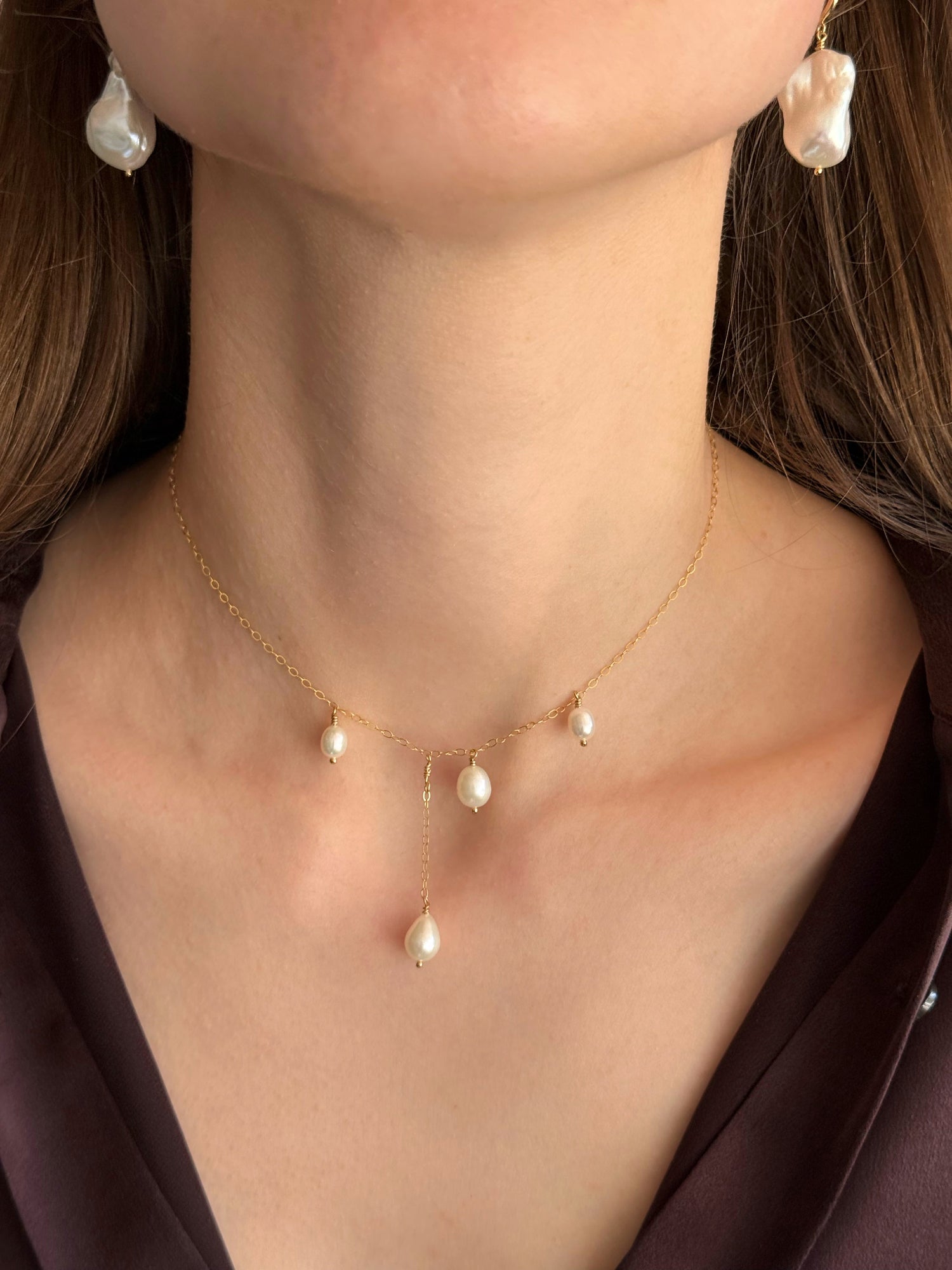 Pearl drop choker necklace with gold-filled chain and oval pearls