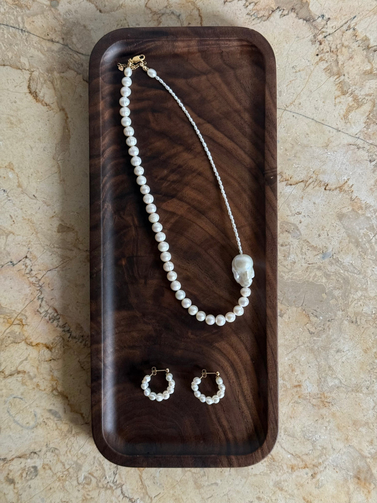 A handcrafted baroque freshwater pearl necklace with deliberate asymmetry. Made to order in Wellington with 14k gold-filled findings. 40cm + extension.