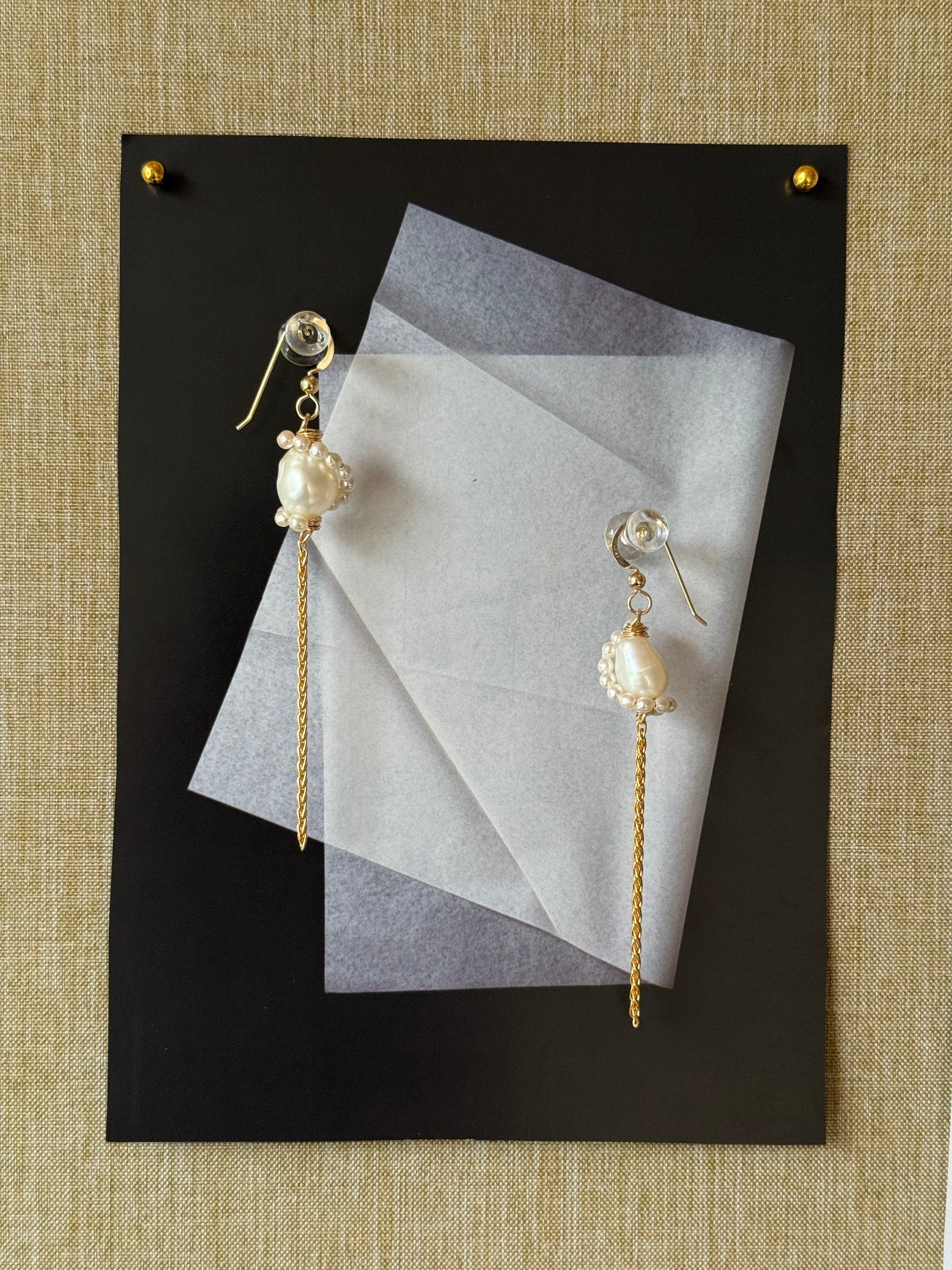 Baroque freshwater pearl and gold chain tassel earrings, 8cm drop. Feminine and striking. 14k gold-filled, made to order in Wellington, New Zealand.