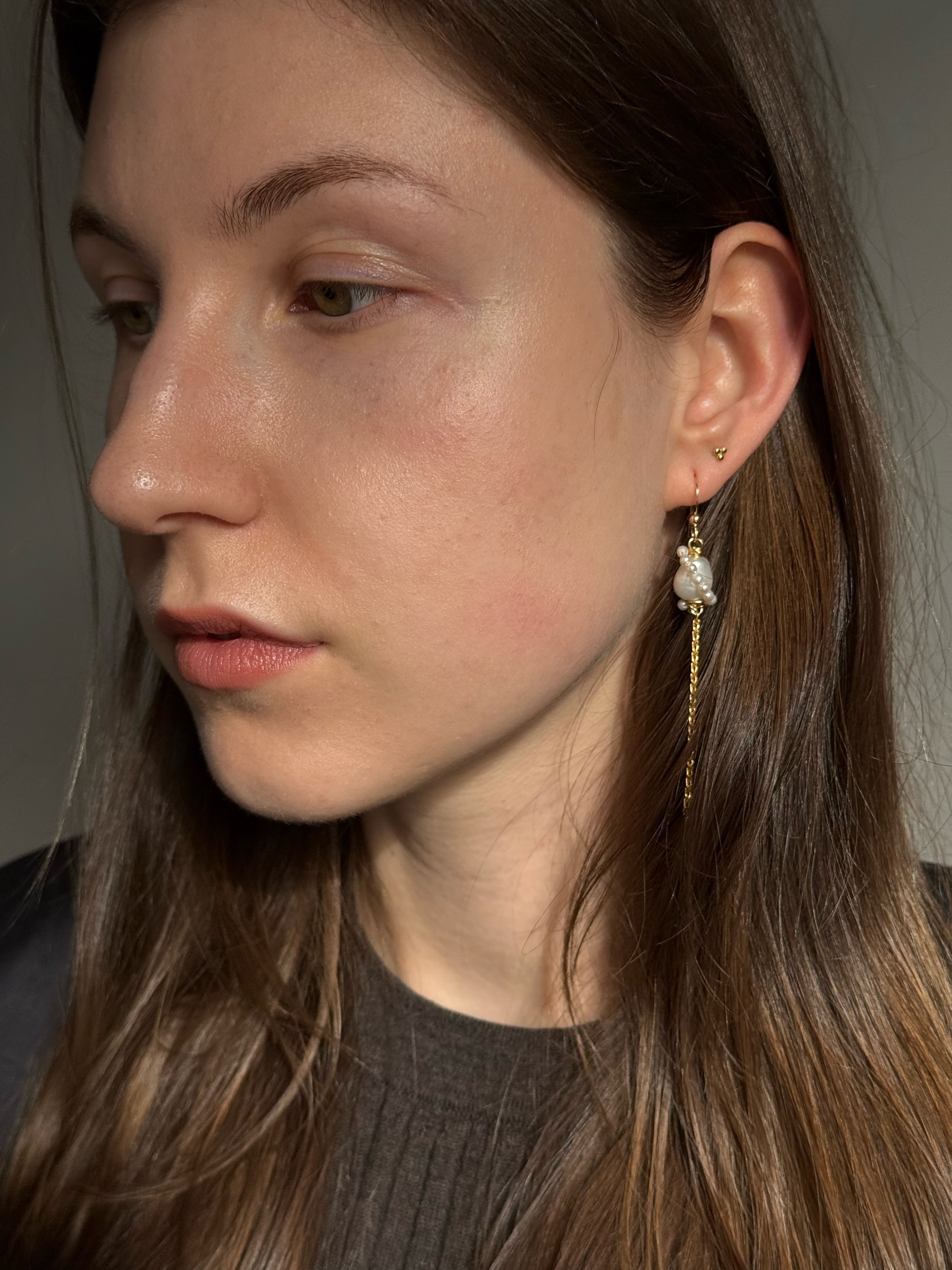 Baroque freshwater pearl and gold chain tassel earrings, 8cm drop. Feminine and striking. 14k gold-filled, made to order in Wellington, New Zealand.