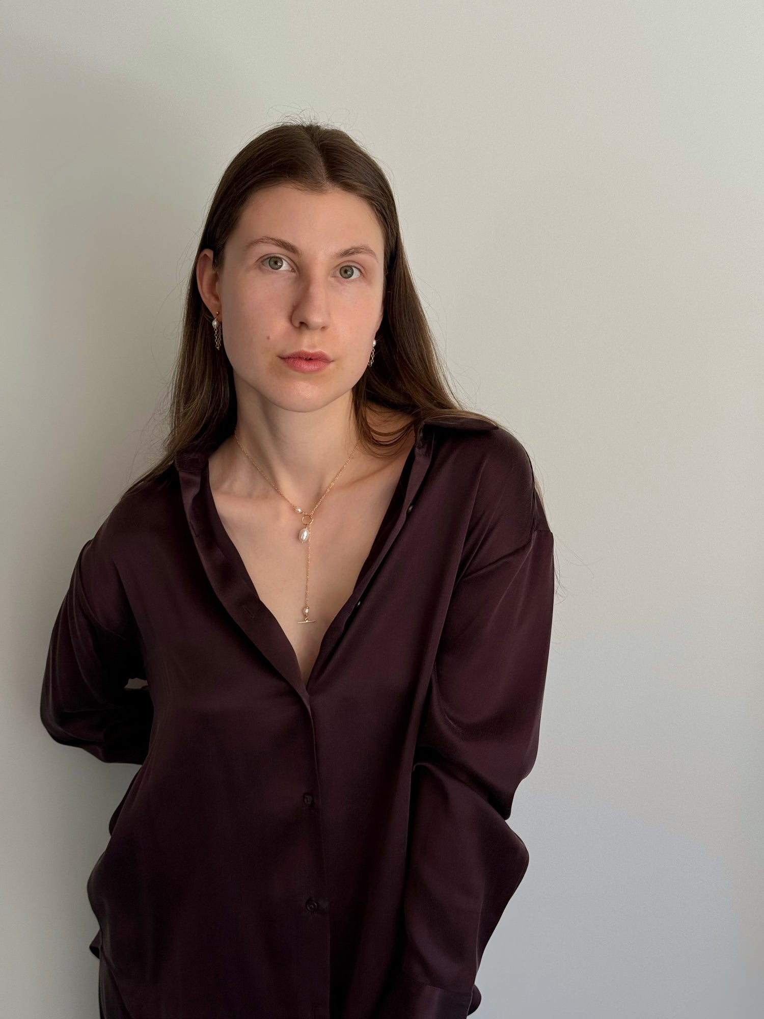 Freshwater pearl necklace styled as a lariat