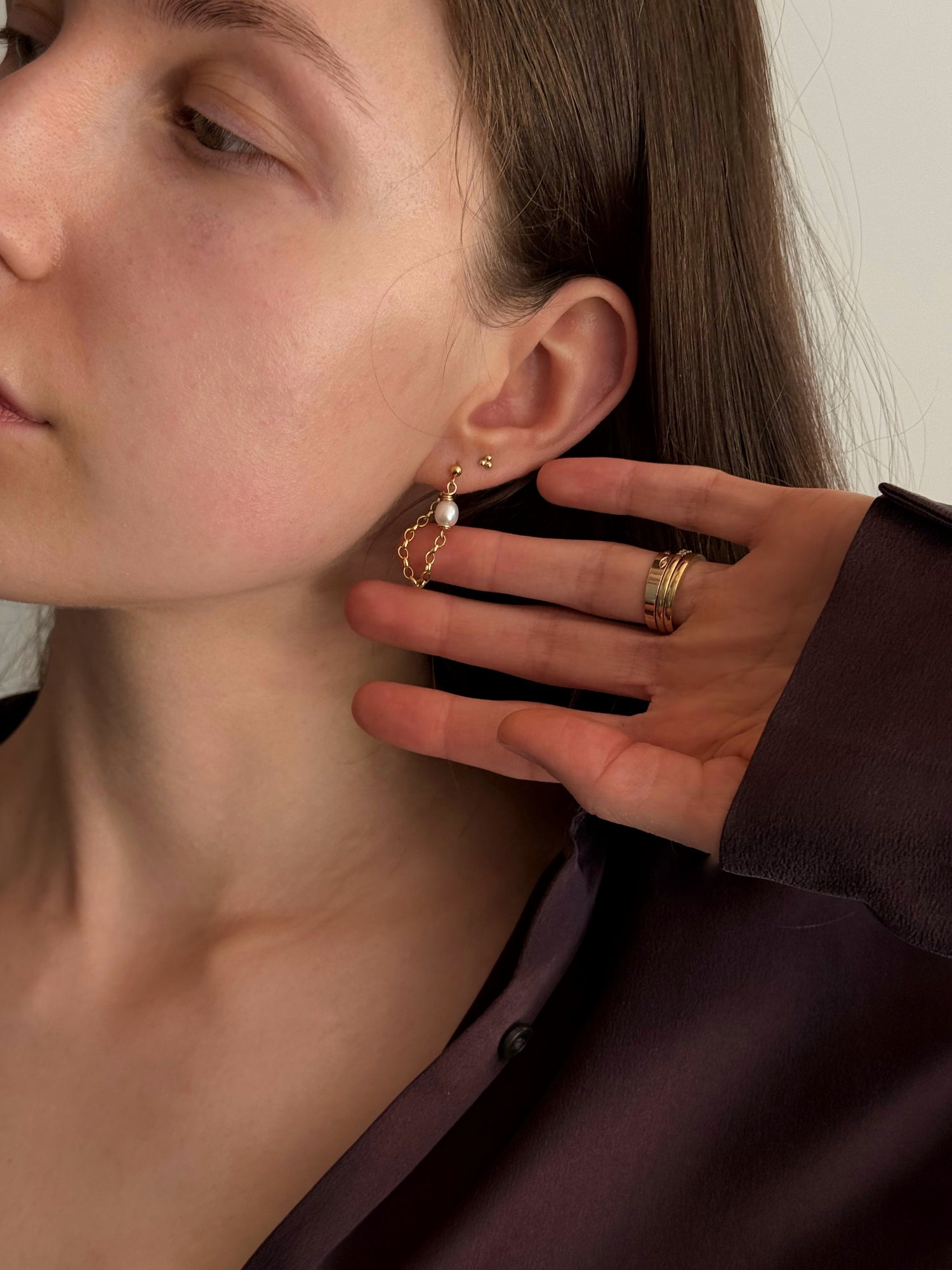 Gold-filled earrings with wrapped freshwater pearl and chain drop