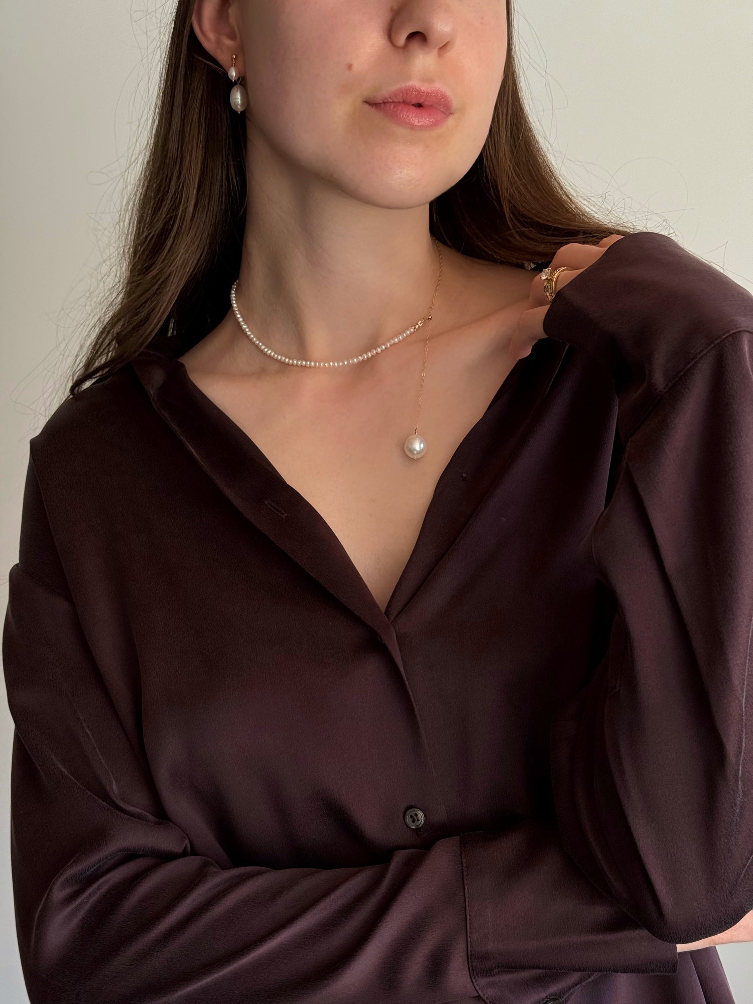 Adjustable necklace with seed pearls, gold-filled chain, and Edison pearl drop