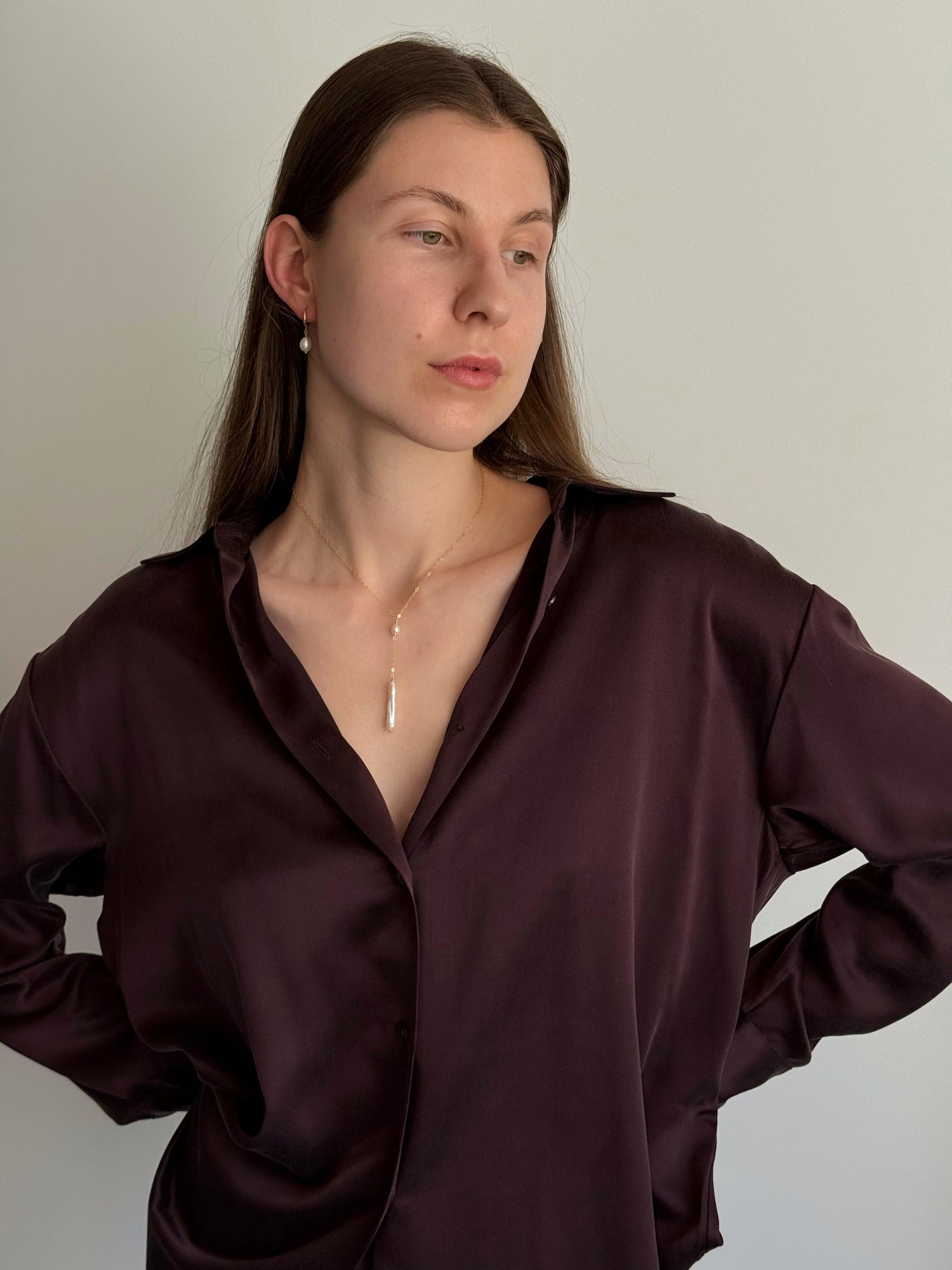 Handmade long pearl necklace with oval connector pearl by Moore Jewellery