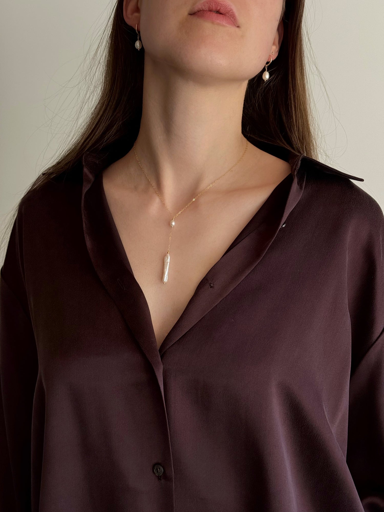 Freshwater elongated pearl on delicate gold-filled chain