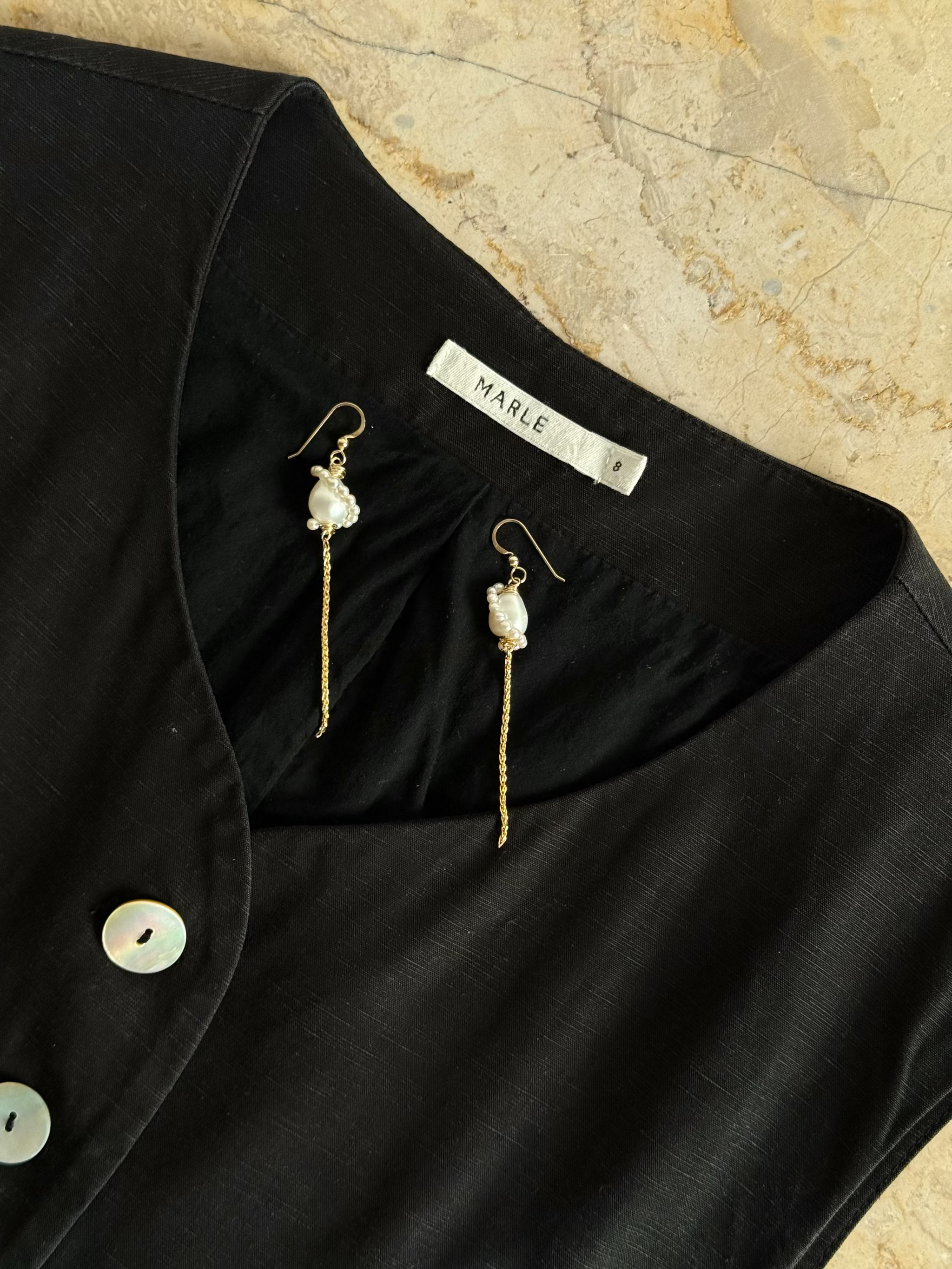 Baroque freshwater pearl and gold chain tassel earrings, 8cm drop. Feminine and striking. 14k gold-filled, made to order in Wellington, New Zealand.