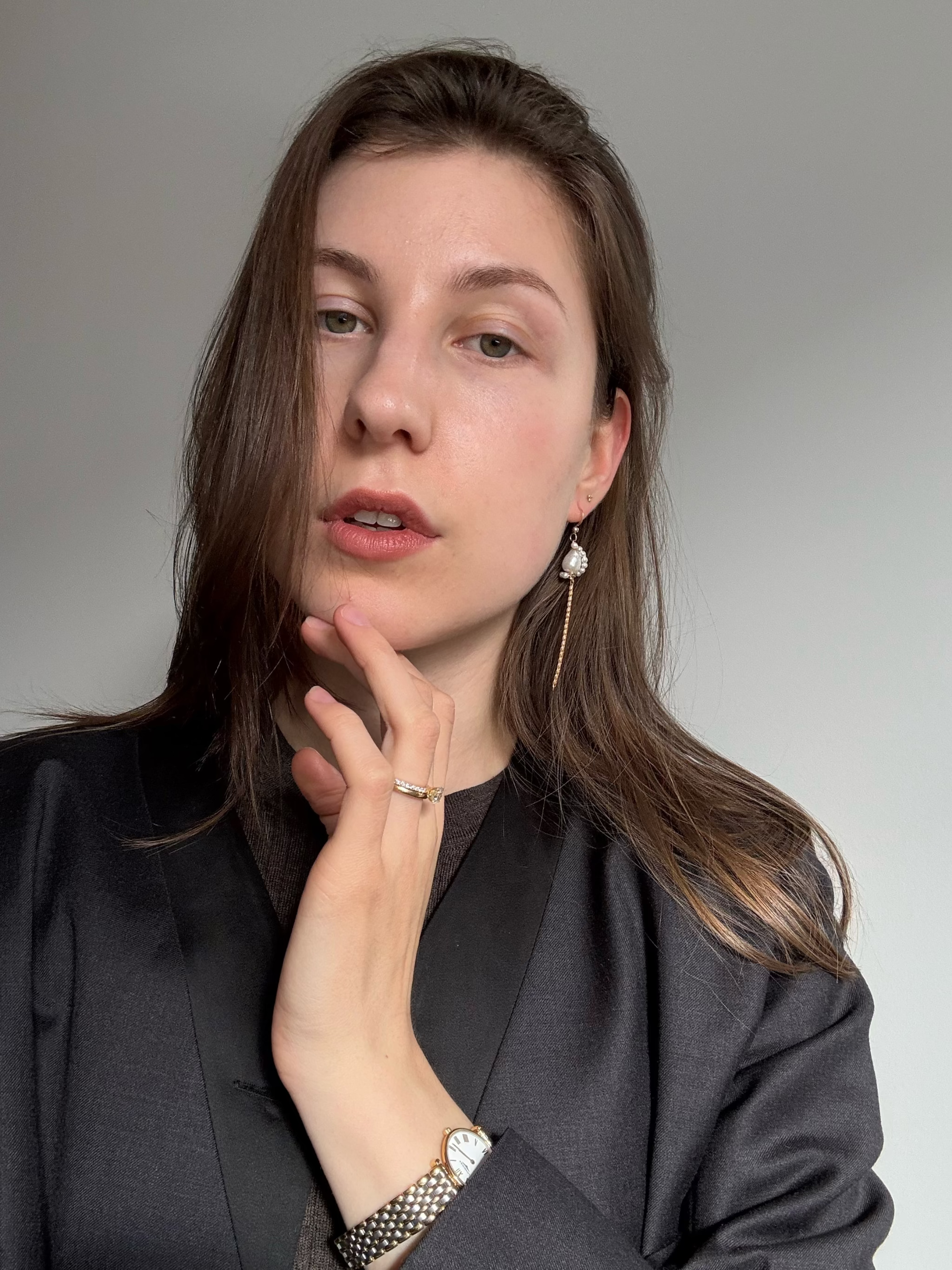 Baroque freshwater pearl and gold chain tassel earrings, 8cm drop. Feminine and striking. 14k gold-filled, made to order in Wellington, New Zealand.