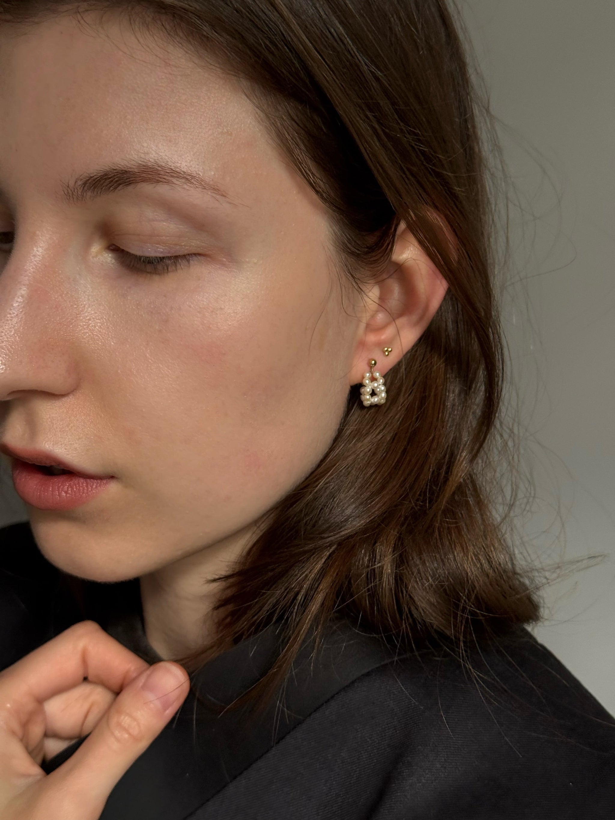 Mini freshwater seed pearl hoop earrings on a 14k gold-filled stud base. 15mm hoop, 2mm pearls. Quietly feminine, worn daily. Made to order in Wellington.