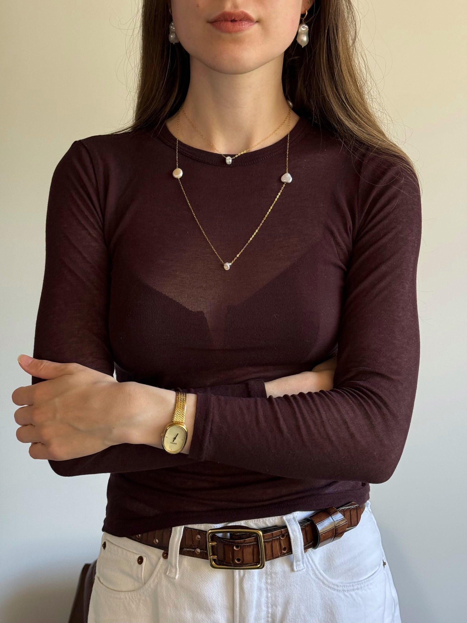 Freshwater pearl necklace featuring coin pearls, keshi pearls, and a heart pearl