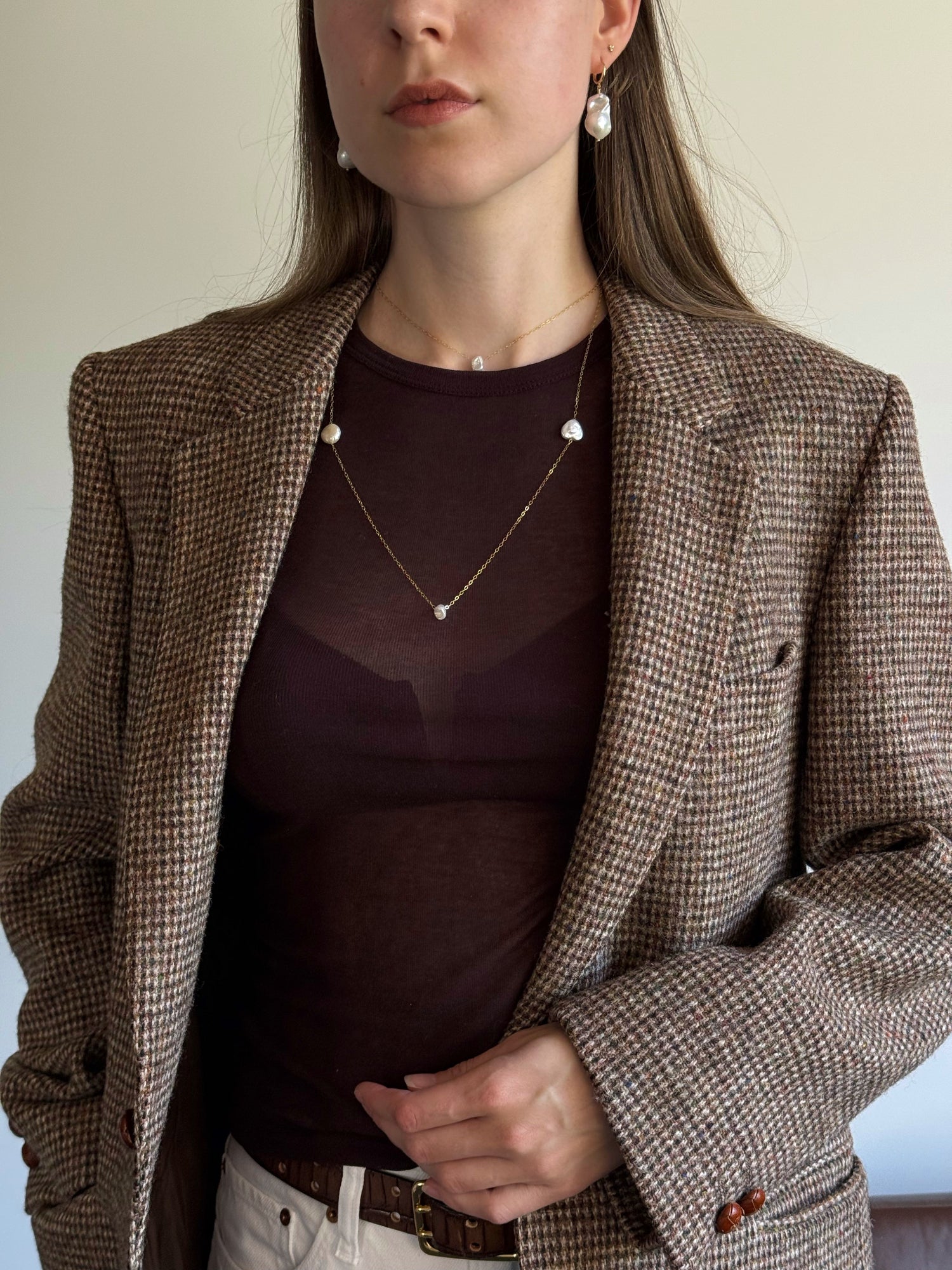 Freshwater pearl necklace featuring coin pearls, keshi pearls, and a heart pearl