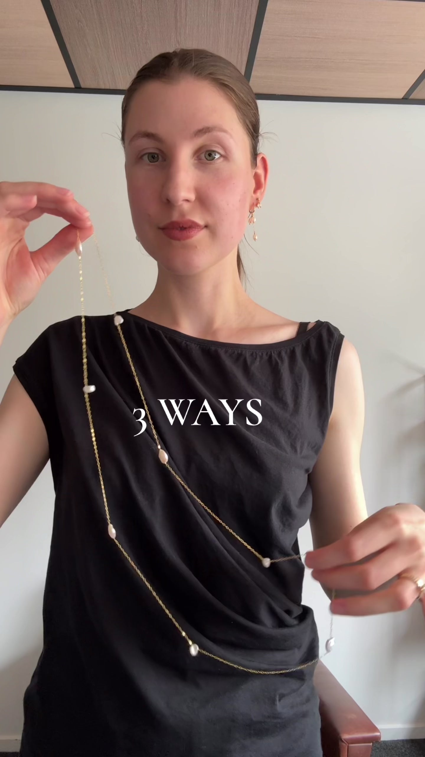 Three way pearl necklace with fine gold-filled chain and evenly spaced freshwater pearls